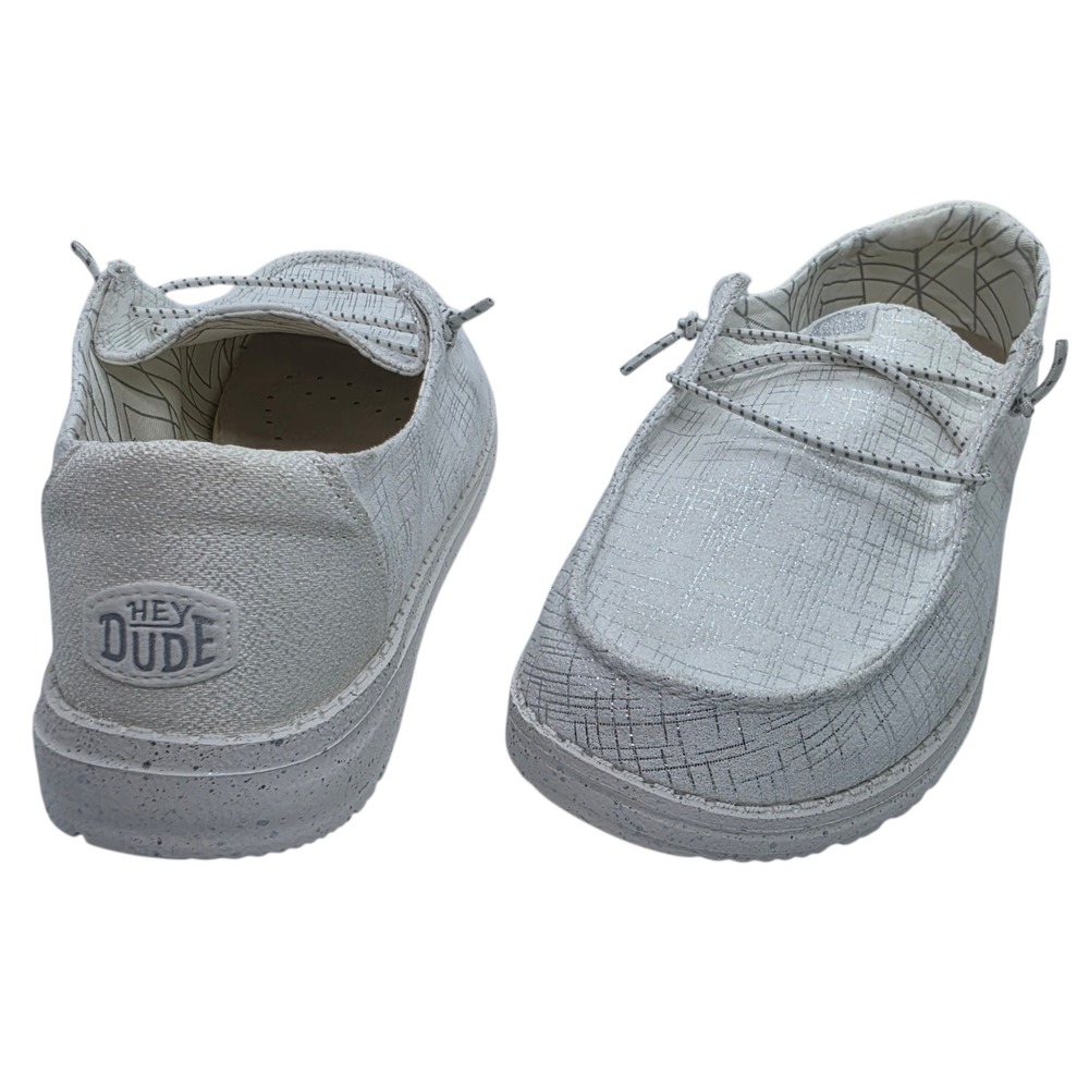 Hey Dude Wendy White Sparkle Slip On Loafers Womens 9 Silver Metallic 41857